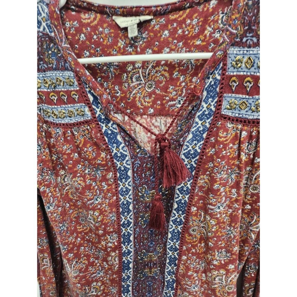 Lucky Brand Womens Blouse Small Maroon Blue Tie Neck Beaded Long Sleeve BOHO - Picture 4 of 6